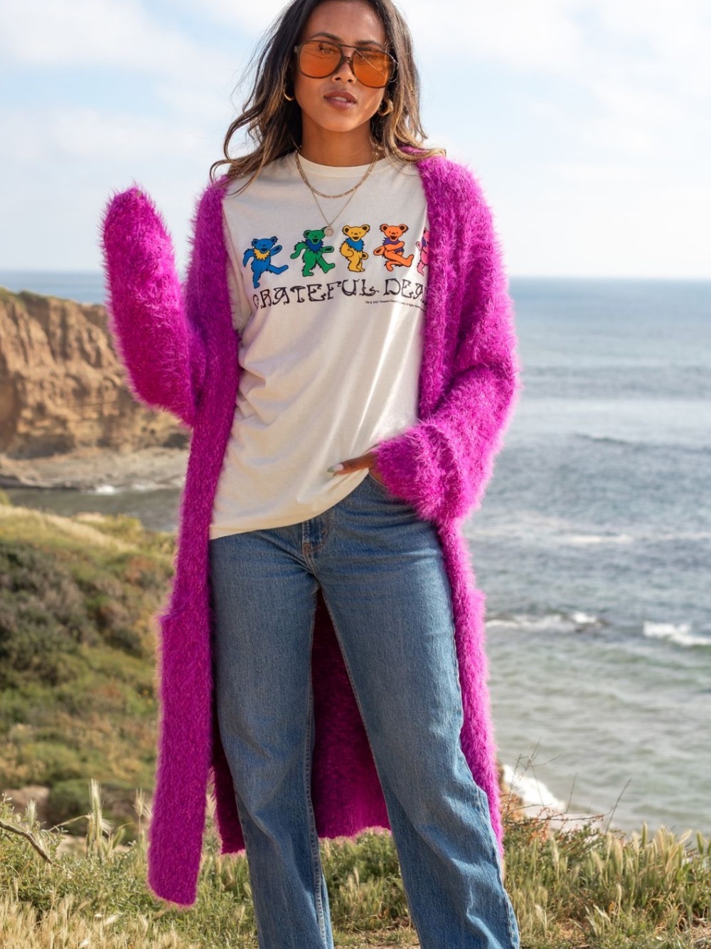 Fuchsia Long Fuzzy Open Cardigan